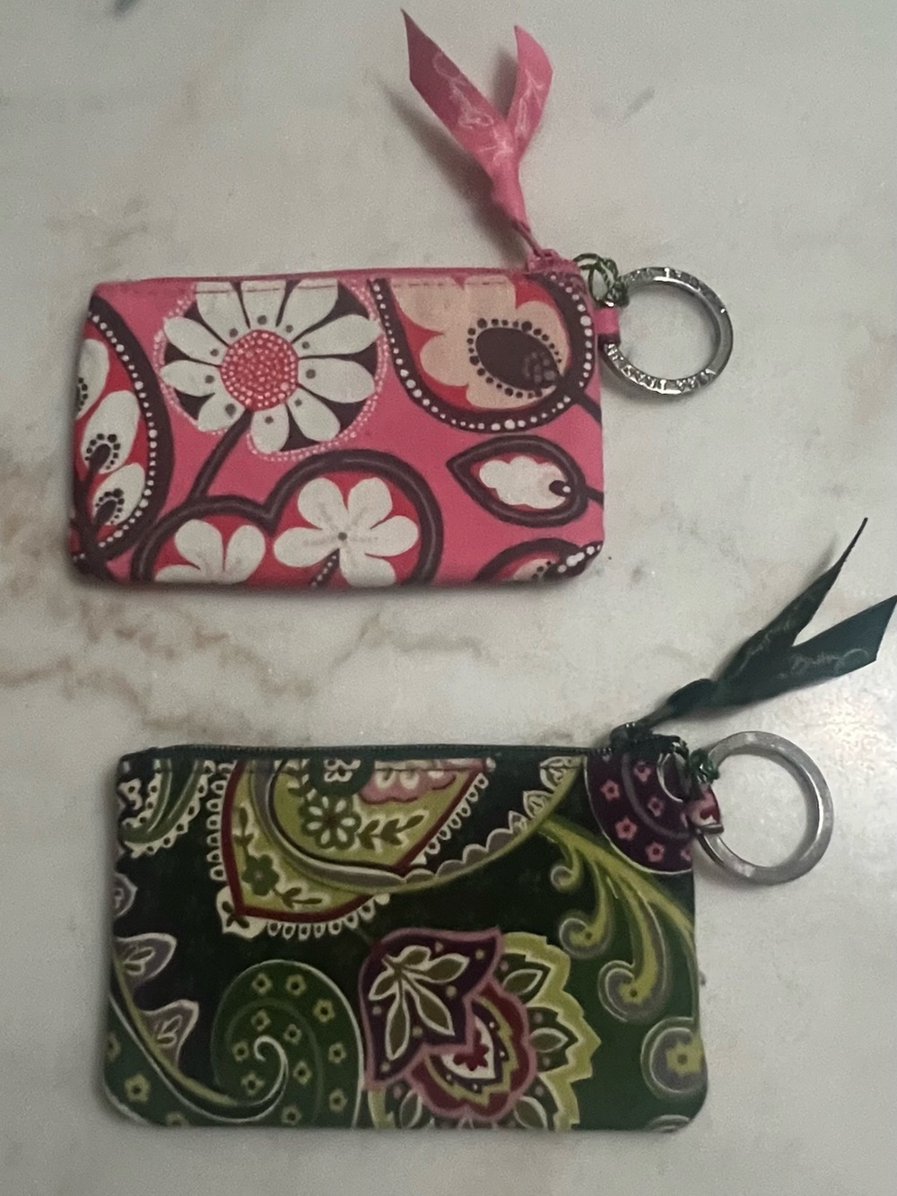 2 Vera Bradley Blush Pink And Retired Chelsea Green Paisley  Quilted Zip ID Case